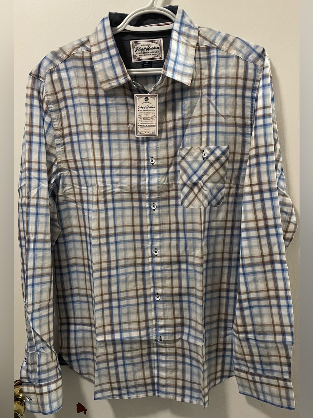 Flag & Anthem Men‘s Navy Brown White Long Sleeve Cotton Button Up Shirt Medium M